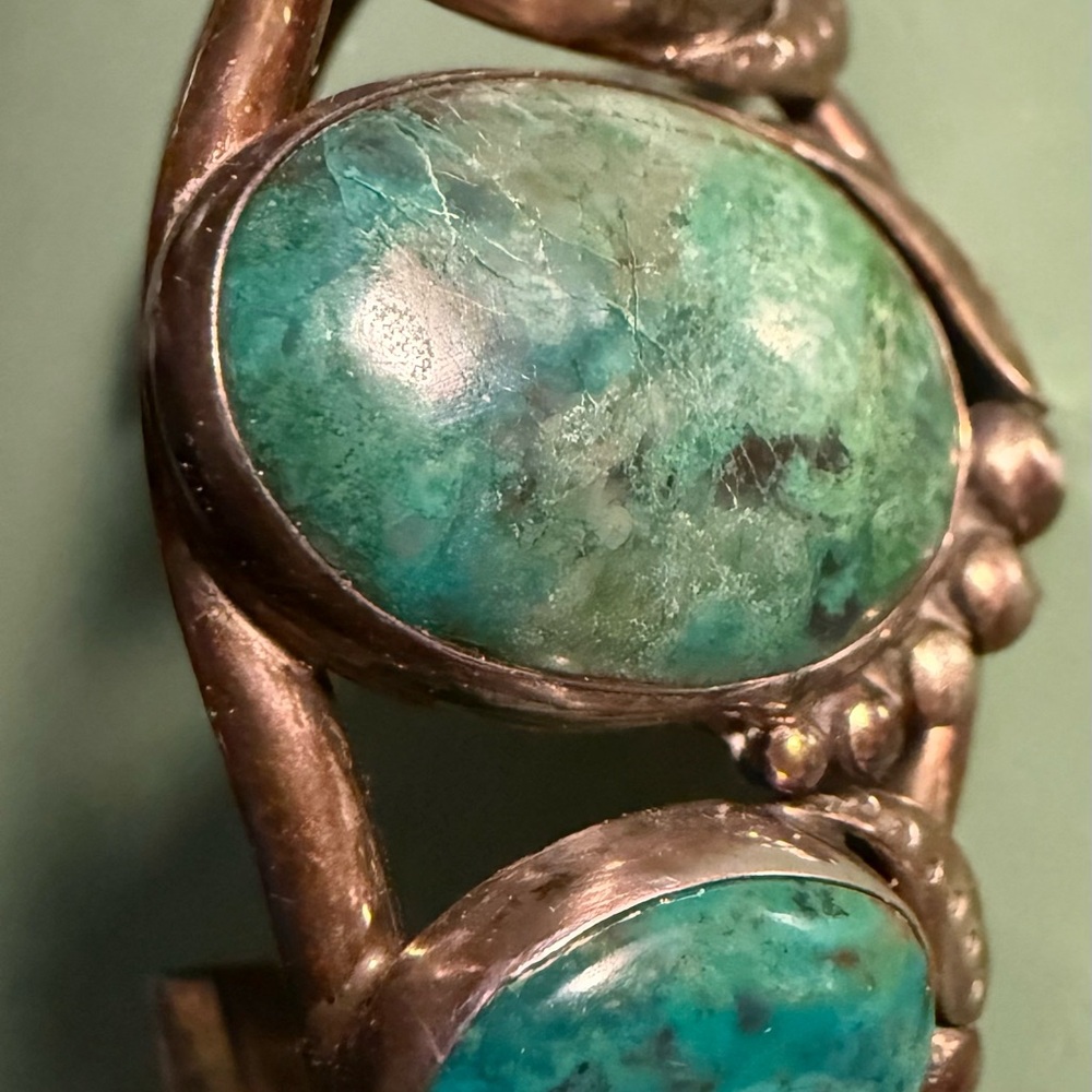 Signed Sterling Silver Turquoise Three-Stone Cuff Bracelet - Picture 11 of 15